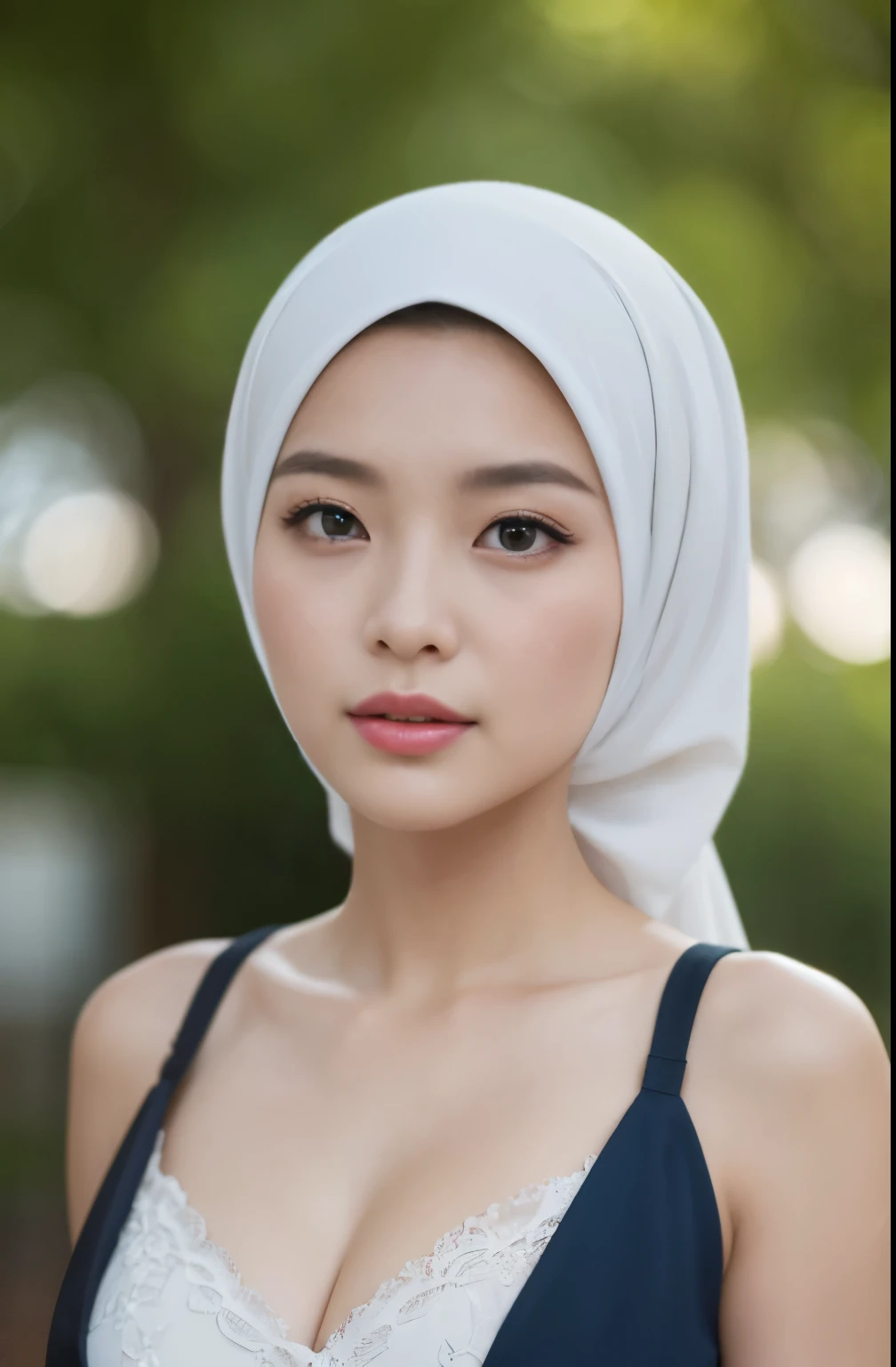 tzuyu, iu, yooa, (Close-up of the painting style,Ultra HD 8K,Masterpiece grade CG wallpaper),Cinematic lighting,cute girly,Delicate and beautiful face,Dreamy pupils,Wearing a small floral short summerdresound waist,hijabi,Bust poem,Sit,Cloudy background,the trees,florals,summer,Chinese style buildings, , magical