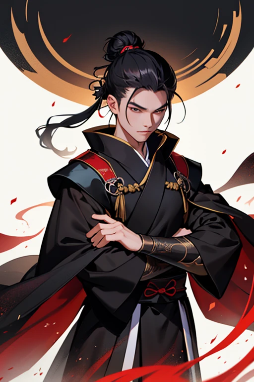 Whole body of a chinese general, man, 21 years old, hair is tied in a bun, wearing black hanfu, armor and a black cloak, brave, proud