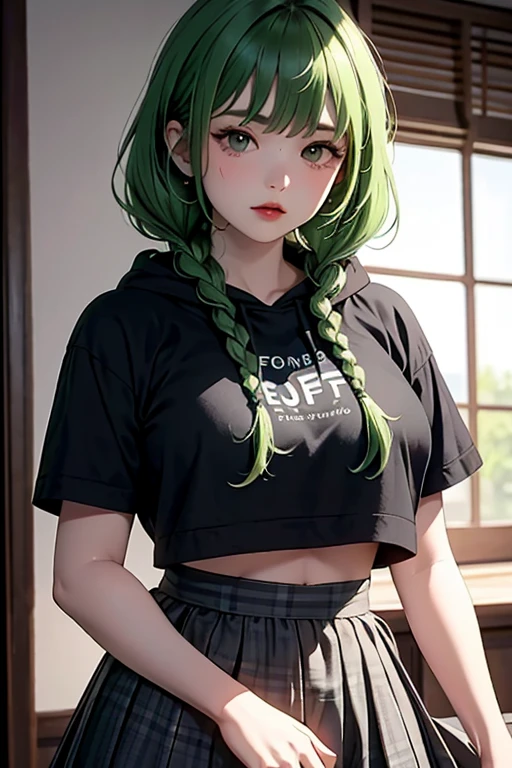 (masterpiece,highest quality),crop top look,Short sleeve hoodie, (Black skirt with gingham check),big breasts, green haired, 2 long thick braids, bangs.