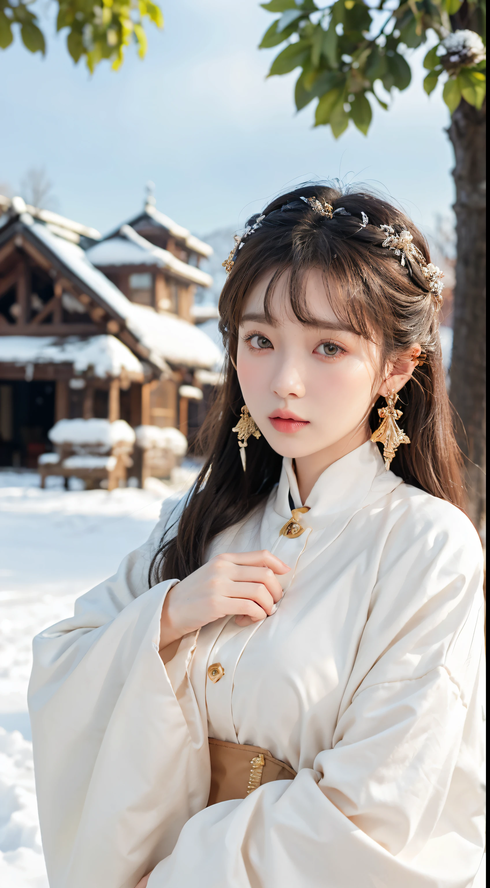 1 girl, only_Tree, Brown_Eye, Brown_hair, architecture, coexist, cross_earrings, earrings, fur, fur prunemed_coexist, fur_collar, fur_scarf, fur_prune, jewelry, lips, shorthair, watching_exist_audience, outdoor, snow, snow, alone, Tree, superior_Body, winter, winter_clothing, detailed_Eye,big deal breasts, Arms together, Chest camera, big deal, ears sticking out, Golden rexistio face, Golden rexistio Body, best quality, ultra high definition, Bangs
