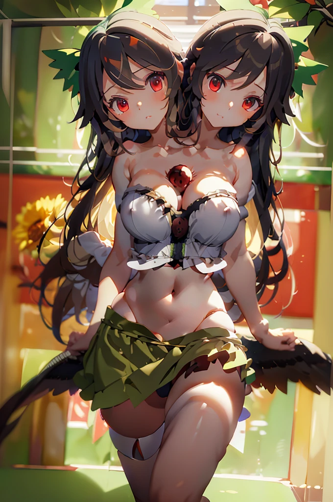 (masterpiece, best quality),best quality, (ultra-detailed), (3heads:1.5), 1girl, (reiuji utsuho:1.3), masterpiece, best quality, ultra quality, ultra resolution, ultra detail, white top, crop top, ((stomach)), midriff, ((groin)), dark green skirt, normal ears, shackles, black hair, very long hair, wavy hair, sidelocks, red eyes, detailed eyes, parted lips, single horn, sweat, cute, toned belly, hand on own chest, eyelashes, (23 year old woman:1.3), (masterpiece:1.5), (best quality:1.5), (beautiful detailed), extremely detailed CG, extremely delicate and beautiful, depth of field, (finely detailed face), (perfect details:1.2), (mature female:1.3), wide pelvis, slender, large veiny breast, 16k resolution, highres, high quality, high definition, extremely detailed, masterpiece, best quality, black hair, long hair, alluring presence, braid, short skirt, close up, big , young, green bow, hair bow, wings, midriff, nsfw,
