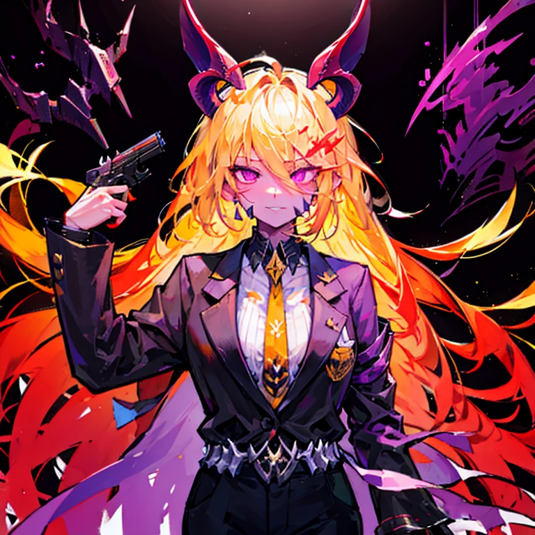 masterpiece, best quality, 8k, (g2h, gun to head, handgun, holding gun, Glock ,suicide, :1.5), cowboy shot, 1girl, bbeth, demon horns, yellow hair, purple eyes, ((business suit)), flaming eyes,crazy glowing eyes,psycho smirk, blood tears,