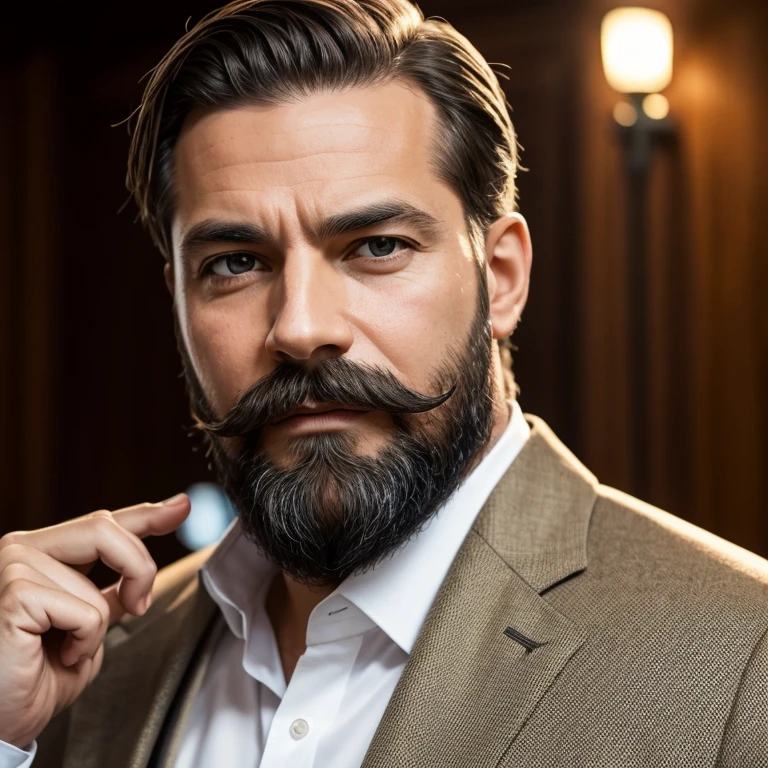 Bearded and mustached lawyer, confident and focused expression, high detail face, wrinkles around the eyes hinting at wisdom and experience, formal attire including a well-tailored suit and crisp shirt, tie askew, gripping case files tightly, intensity in his gaze, old wooden courtroom background, (textura de la piel:1.2), ultra-high-resolution, (fotorrealista: 1.3), Canon 5D Mark IV, 24-70mm f/2.8 lens, cinematic lighting, warm colors, sharp focus.