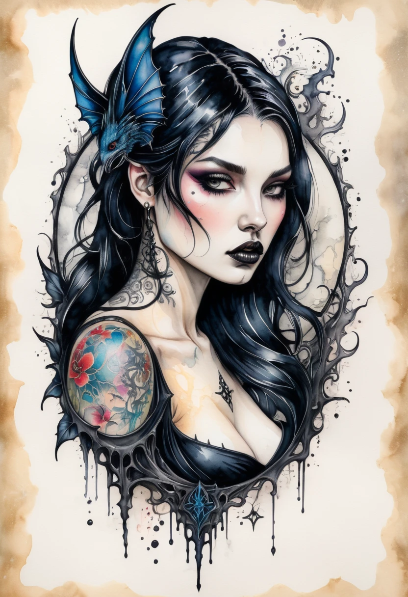 Ink and watercolor illustration on parchment. In the midst of a fantasy realm, a mysterious female. tattoos. gothic aesthetic. aggressive.