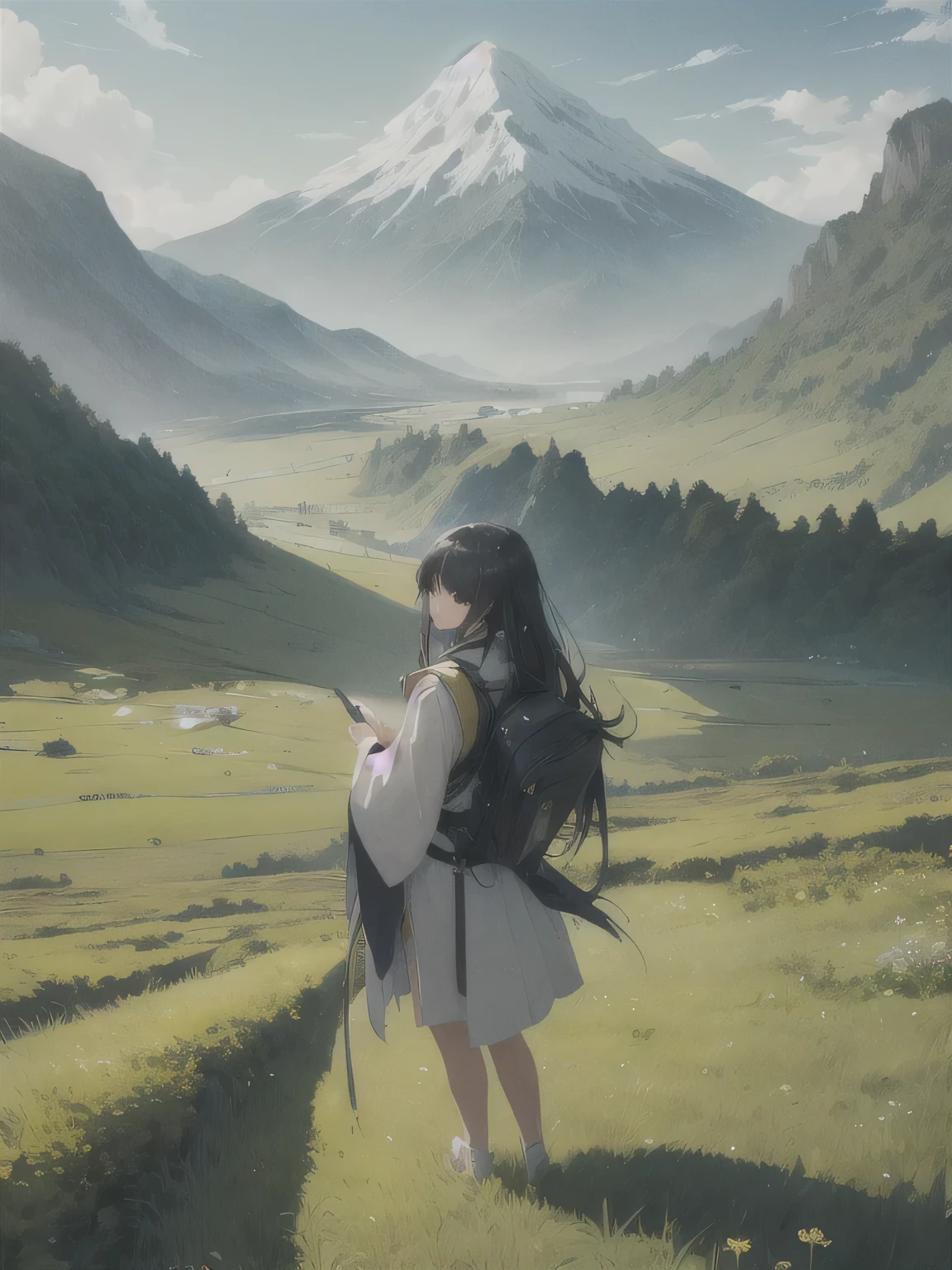 A girl leading the knights stands on a green meadow..
BREAK 凛々With a new look, she guides them to their destination.
blake behind her, Beyond that, a green forest spreads out, A mountain rises in the distance.
BREAK The most suitable effect for this scene is、A watercolor painting technique that captures the softness and smoothness of movement of grasslands.。.