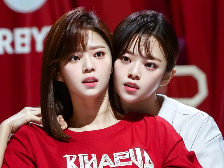 best quality, 4k, 8k, ultra highres, raw photo in hdr, sharp focus, intricate texture, skin imperfections, photograph a photo of jeongyeonlorashy woman and her identical twin dirty kissing jungle red shirt brown shorts perfect body perfect face