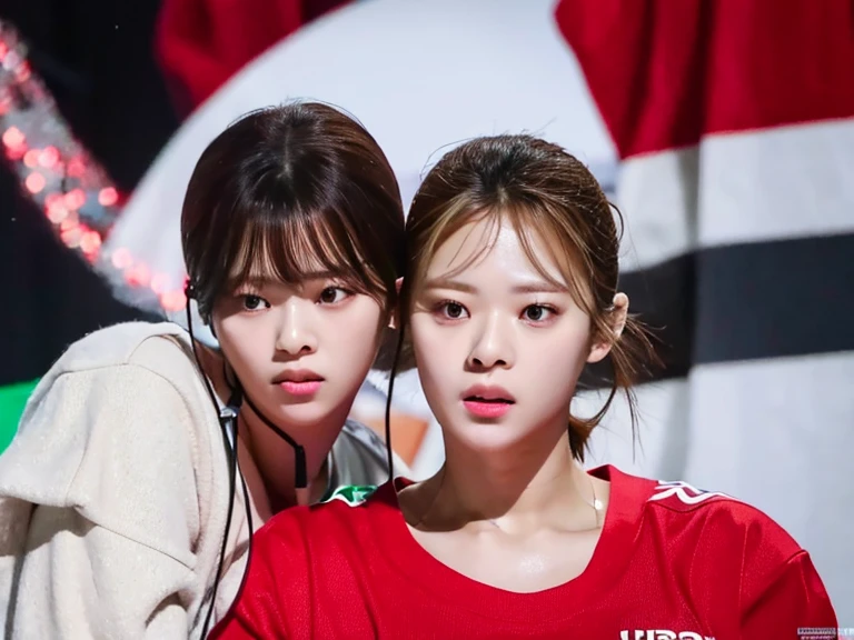 best quality, 4k, 8k, ultra highres, raw photo in hdr, sharp focus, intricate texture, skin imperfections, photograph a photo of jeongyeonlorashy woman and her identical twin dirty kissing jungle red shirt brown shorts perfect body perfect face