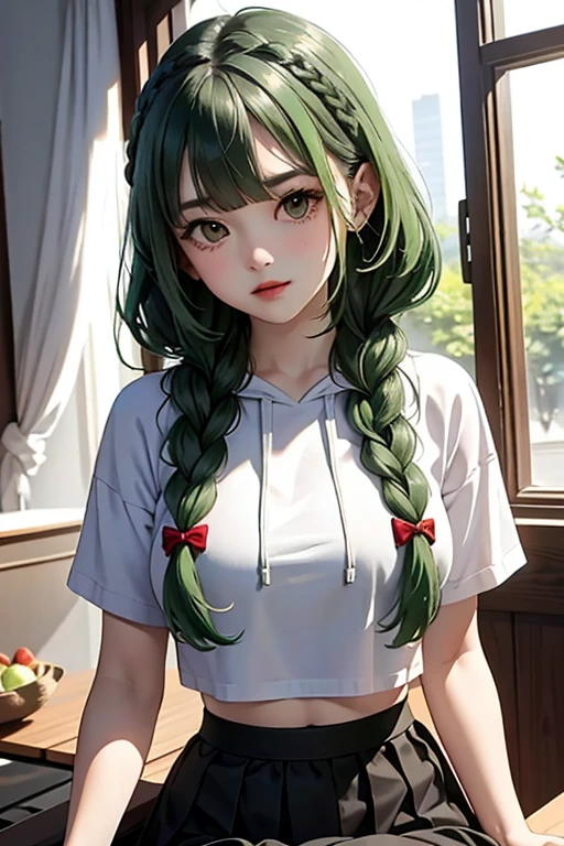 (masterpiece,highest quality),crop top look,Short sleeve hoodie, (Black skirt with gingham check),green haired, 2 super long thick braids, bangs.