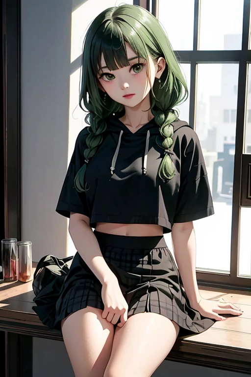 （masterpiece，highest quality），crop top look，Short sleeve hoodie， (Black skirt with gingham check)，big breasts, green haired, 2 long thick braids, bangs.