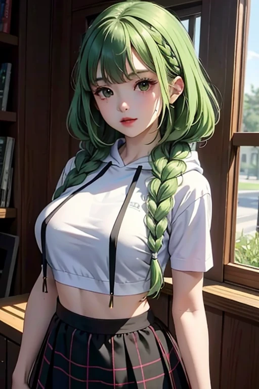 (masterpiece,highest quality),crop top look,Short sleeve hoodie, (Black skirt with gingham check),big breasts, green haired, 2 long thick braids, bangs.
