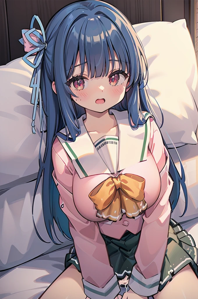 (((full body))), (((pnkserafuku))), (((vaginal,sex))), (((spread legs onbed))),(((cum in pussy))),(((from above))), (((lying on bed))),(((white bed sheet))),(((lie on the pillow))), (highest quality:1.2), alone, 1 girl, kotonoha aoi, hair ribbon, ((blue hair)), red eyes, very long hair, dull bangs, smile, looking at the viewer, (((perfect anatomy))),(masterpiece:1.0),(Highest_quality:1.0),detailed,highly detailed,ultra detailed,extremely detailed CG,super high resolution,4k,super detailed, photograph,high resolution,8K,HDR,Highly detailed CG Unity 8k wallpaper,super detailed skin,detailed beautiful eyes,detailed beautiful face,detailed beautiful face and eyes,very detailed background,perfect,lighting,colorful, bright_front_face_lighting,shiny skin,(highly detailed background),looking at the viewer,(Focus on her face), solo, upper body, looking at viewer, upper angle, perfect quality, good quality, masterpiece, HDR, UHD missionary position,masterpiece,best quality,detailed,highly detailed,ultra detailed,extremely detailed CG,high resolution,8K,super detailed skin, ((detailed beautiful eyes)),detailed beautiful face,detailed beautiful face and eyes,very detailed background,highly detailed background,(front view),(((super big breasts))),looking at viewer,The girl's breasts aren't exposed at all., You can clearly see that she has very large breasts.,((kawaii)),((orgasm face)),