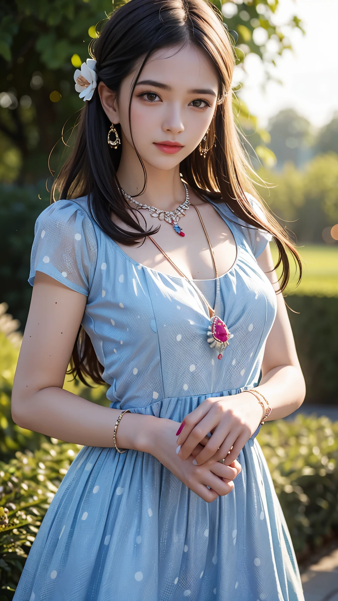 best quality, masterpiece, 1girl, (polka dot dress), blue dress, hair ornament, necklace, (jewellery:1.8), Beautiful face, upon body, tyndall effect, photorealistic, rim lighting, two tone lighting, (high detailed skin:1.2), dslr, (spreading light:1.5) soft lighting, high quality, volumetric lighting, candid, park, Photograph, high resolution, 4k, 8k, Bokeh,