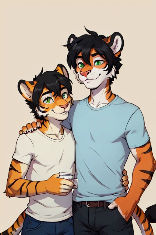 ((best quality)), ((masterpiece)), (detailed), anthro, duo, male, 2 males, tiger, slim, green eyes, black hair, medium hair, fully clothed, orange fur,  facing camera, looking forward, plain background, similar height, wearing shirt, wearing pants