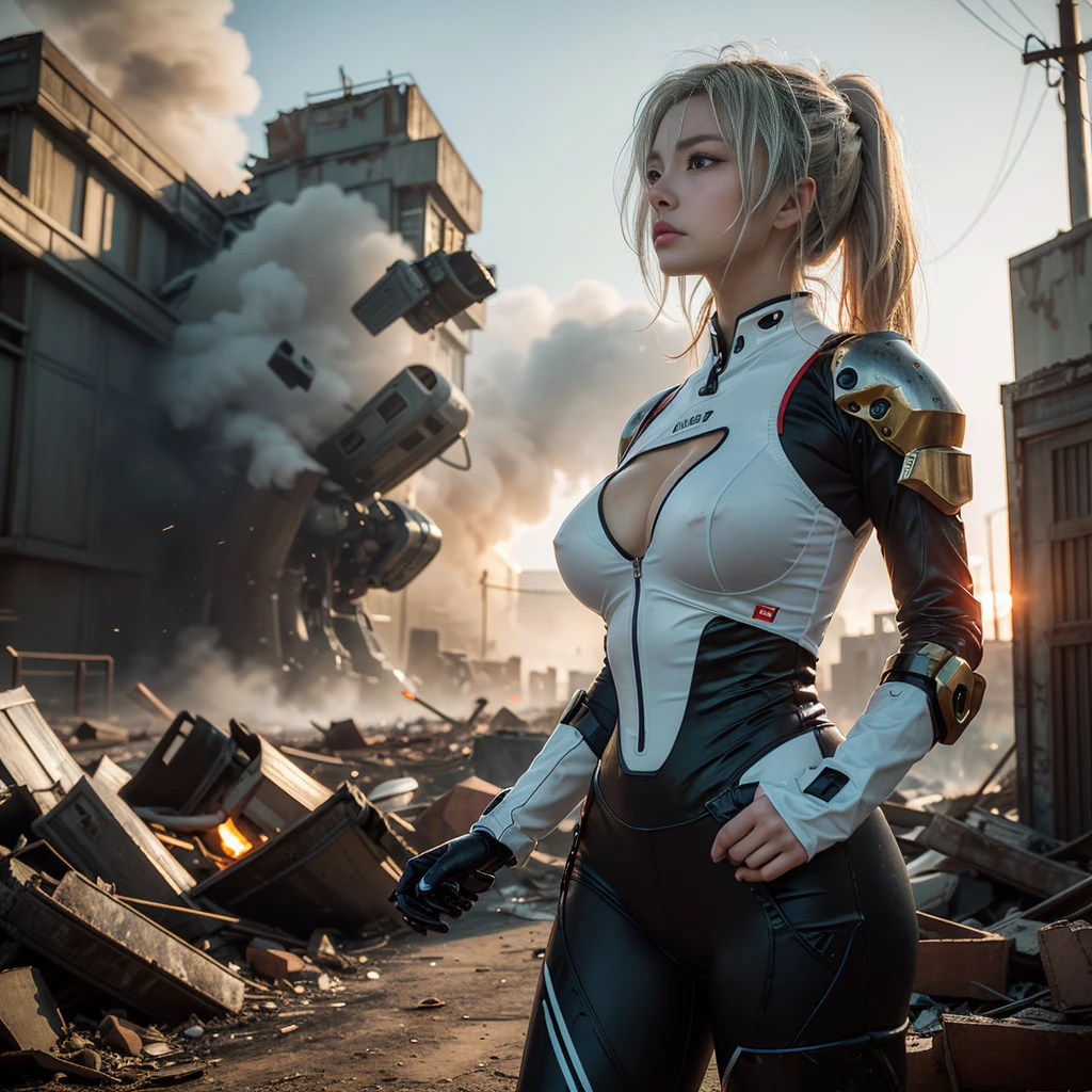 (highest quality、4K、High resolution、master piece: 1.2)、Super detailed、real: 1.37、Natural light、Portrait、surreal colors、futuristic style、Crumbling cityscape、Overgrown vegetation、Foggy atmosphere、Contrasting shadows、tattered clothes、A strong and confident gaze、Abandoned Objects、desolation、Destroyed building silhouette、vivid graffiti、Empowering pose、hair fluttering in the wind、Expressive facial features、unforgettable beauty、Dramatic sky、eerie clouds、intricate details、urban decline、post-apocalyptic setting、Ruins in nature 、Majestic Skyline、Desperate struggle、Creepy Presence、Thought of power、強化されたThought of power、intensity of emotions、Tense atmosphere、heroic attitude、intense action、Fearless Determination、Survival from all odds、Dangerous landscapes、Iconic battle、cinematic composition、epic showdown、A moment frozen in time、mysterious aura、fortitude、Women's Support、strong female protagonist、Fascinating story、Women's power、Fierce determination、Empowering Stories、Behind her is a huge(The invader's mech is on fire and about to collapse.:1.3)、reiayanami