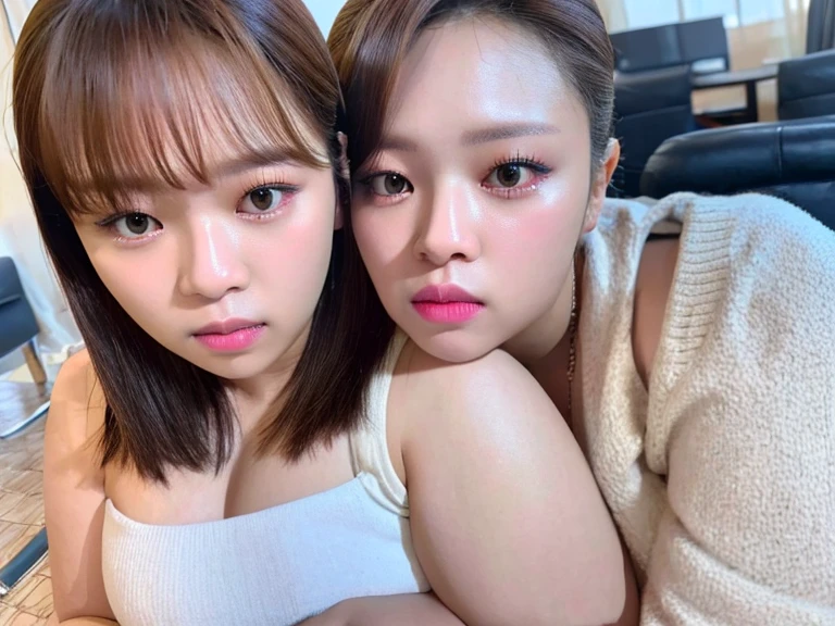 best quality, 4k, 8k, ultra highres, raw photo in hdr, sharp focus, intricate texture, skin imperfections, photograph a photo of jeongyeonlorashy woman and her identical twin dirty kissing perfect body perfect face