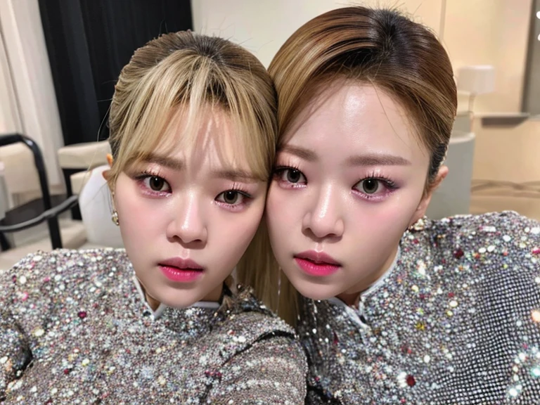 best quality, 4k, 8k, ultra highres, raw photo in hdr, sharp focus, intricate texture, skin imperfections, photograph a photo of jeongyeonlorashy woman and her identical twin dirty kissing perfect body perfect face