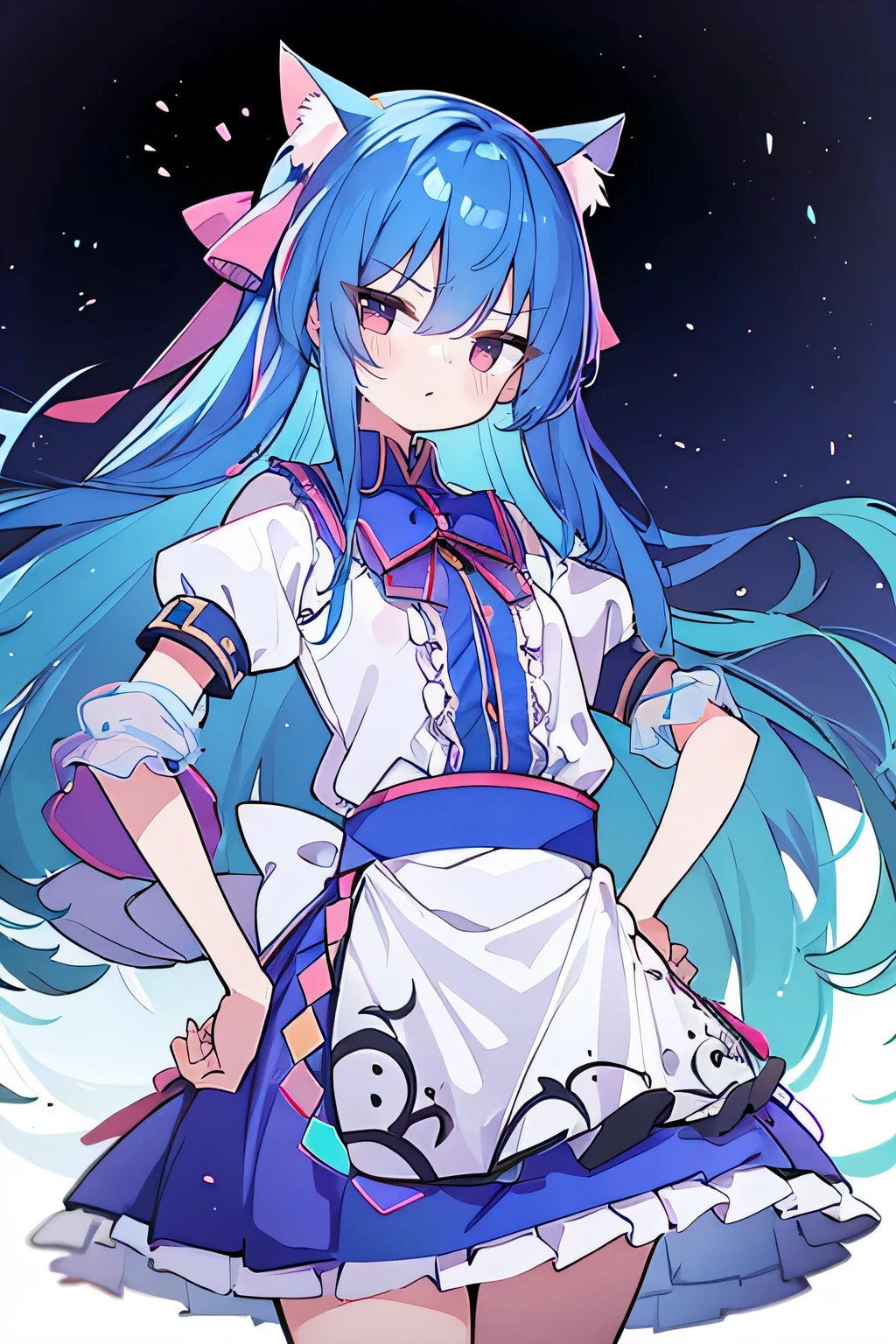 (masterpiece),best quality, expressive eyes, perfect face, 1girl,
Put your hands on your waist,fair, Gorgeous,Japanese cartoons,girl,lola,Hina Angel, blue hair, blue haired, floating clothes,Grab your waist, Grab your waist, hands on hips , hands on hips,sit, sit on ground, Legs on the ground, flat chest,cat ears,