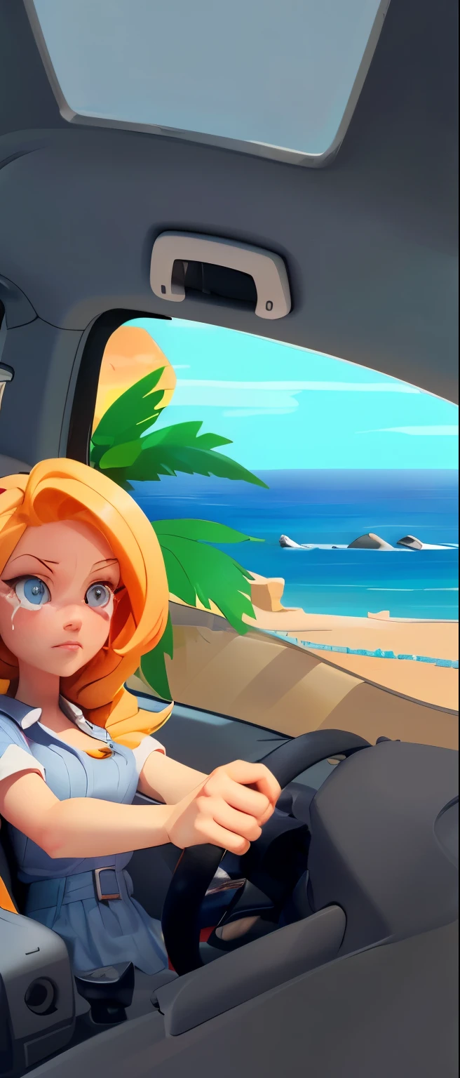 Woman driving a car，blonde，blue eyes，sad face，shed tears，car interior，skylights，Scenery outside the window，cartoon girl 驾驶 a car on a beach with a palm tree, Stylized digital illustration, stylized digital art, stylized art, road trip, breeze background, official artwork, Larz van Baarle and Louis van Baarle, mobile game art, , stylized concept art, promotional art, stylized game art, Driving high quality pictures，HD，HD，