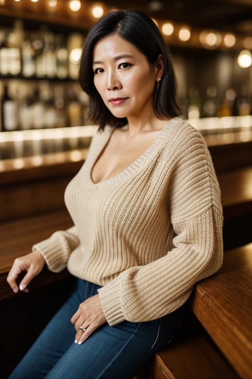Portrait of a middle-aged Taiwanese woman, Fifty years old, cute face, slim, Tortitz, (Big droop:1.1), huge nipples, wear (Sexy sweater:1.2), standing in the bar, Bokeh background, Simple background, (highly refined skin:1.0), (masterpiece:1.2) (lifelike:1.2) (Bokeh) (best quality) (intricate details) (8K) (high dynamic range) (analog film) (canon d5) (movie lighting) (sharp focus),half squat