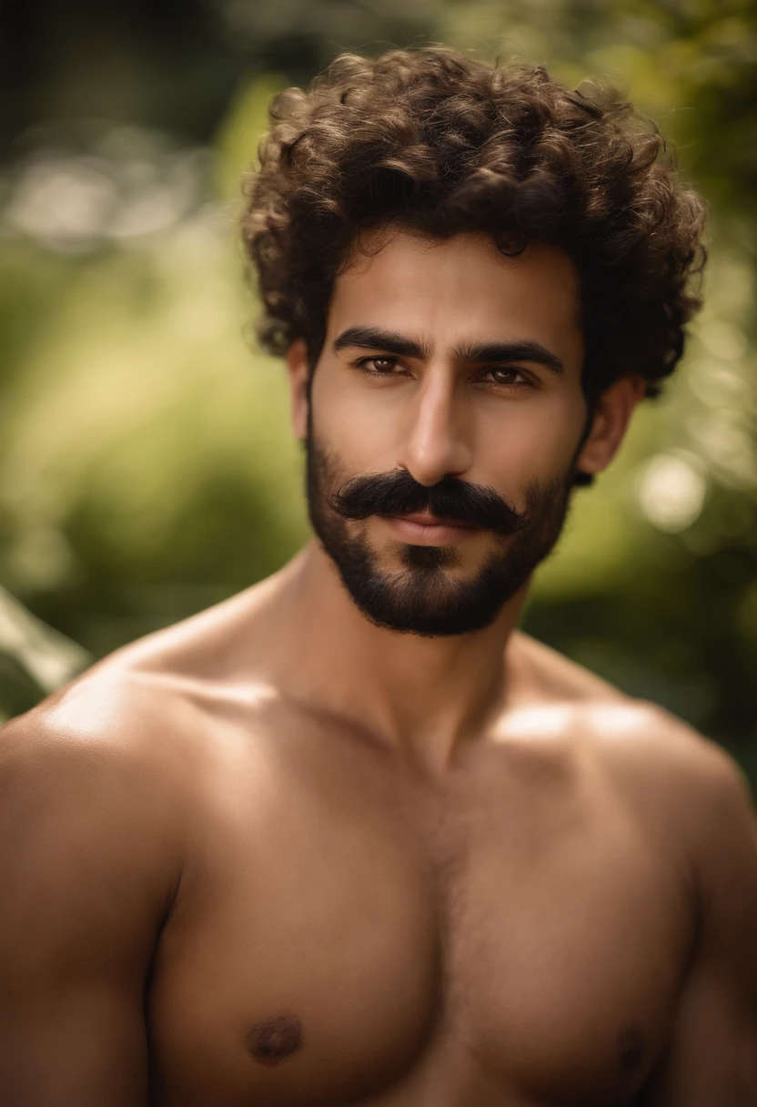 Thin hairy chest handsome moustache down arab guy shirtless sunny day brown beautiful eyes black curly hair happy garden 