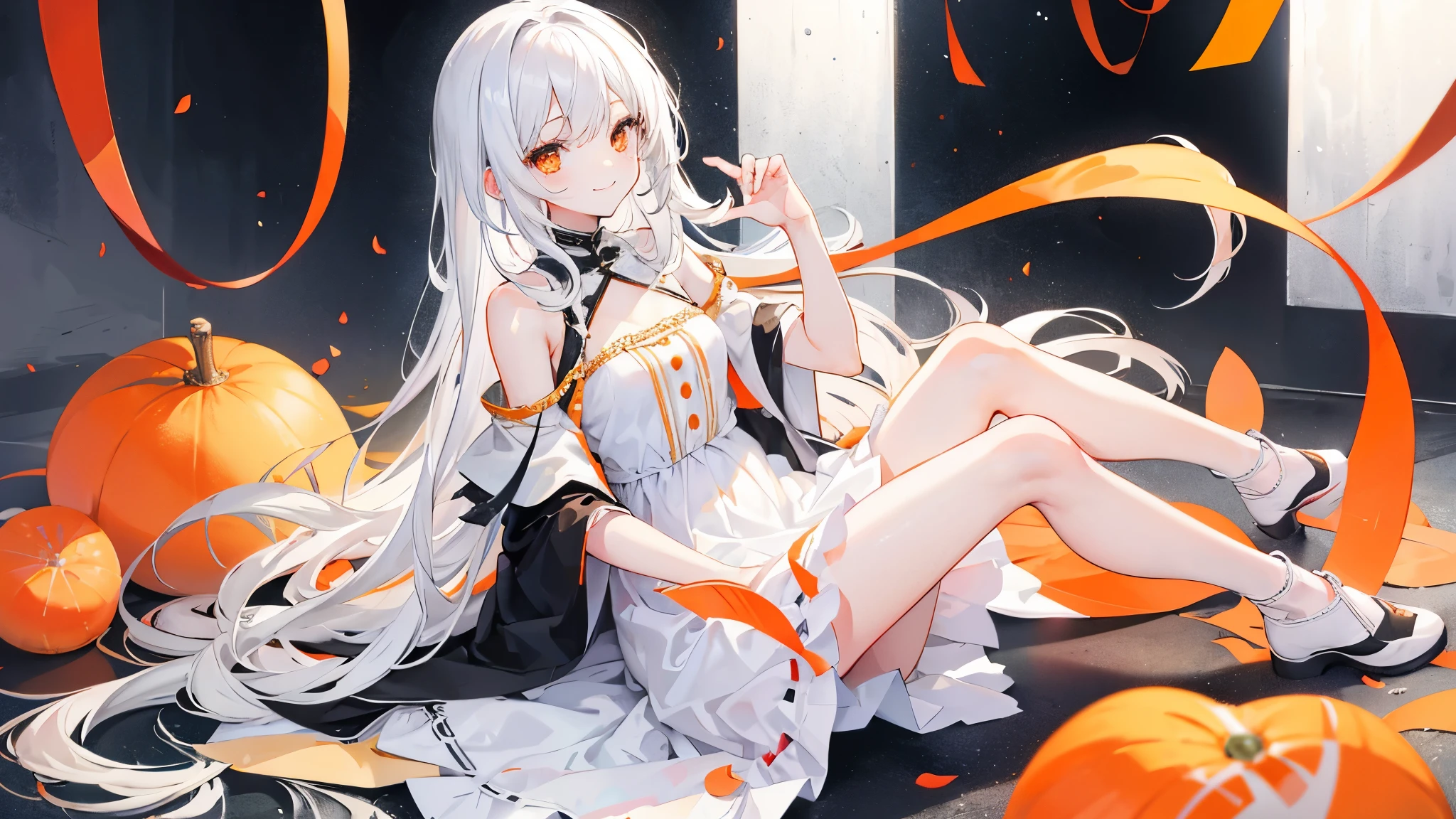 sitting on the floor、hold one's feet、girl、white hair、smile、knee length dress、Chest-length hair、Orange eyes、white and black clothes