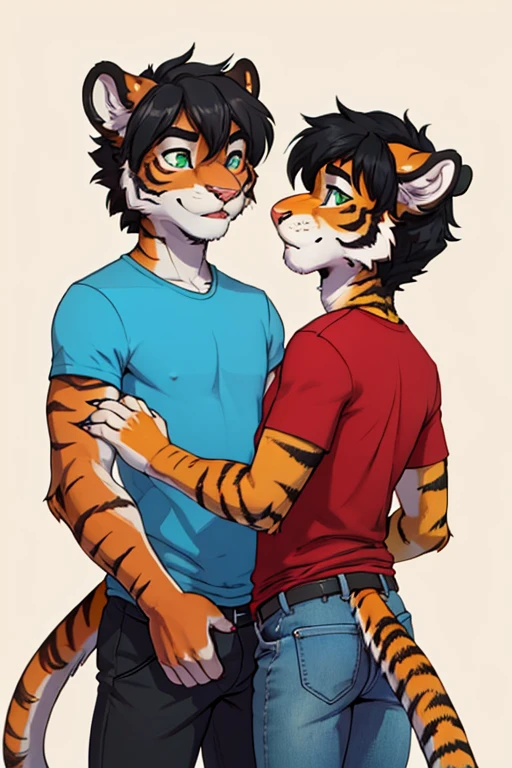 ((best quality)), ((masterpiece)), (detailed), anthro, duo, male, 2 males, tiger, slim, green eyes, black hair, medium hair, fully clothed, orange fur, facing camera, looking forward, plain background, similar height, wearing shirt, wearing pants