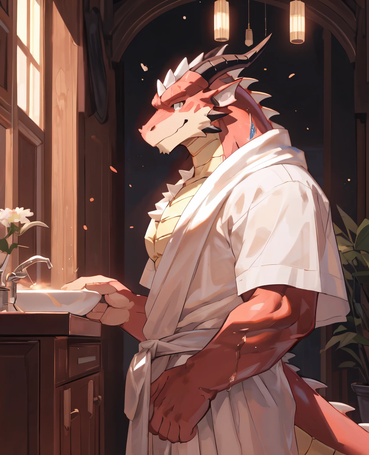 deobaed anatomy, Humanity,((粉白色dragon| Pink and white | brown eyes)),((一双白色of角))白色of角,(dragon:1.2),白色of肚子, No clothes on the upper body,,完美of黑眼睛,年轻of,male, of,In the living room,Kanno, 肌肉丰满of,认真of,肌肉发达of身体, 强壮of身体,machismo,((Wearing a shirt)),Smile,在家里of客厅中,,hip expansion,Behind is the wardrobe and sofa,tailed eyes,((No ornaments,I didn't wear anything on my upper body,Wrap bath towel around lower body),,(water),Pink blush on face,dragon尾巴 ,by bebebebebe, by zackary911