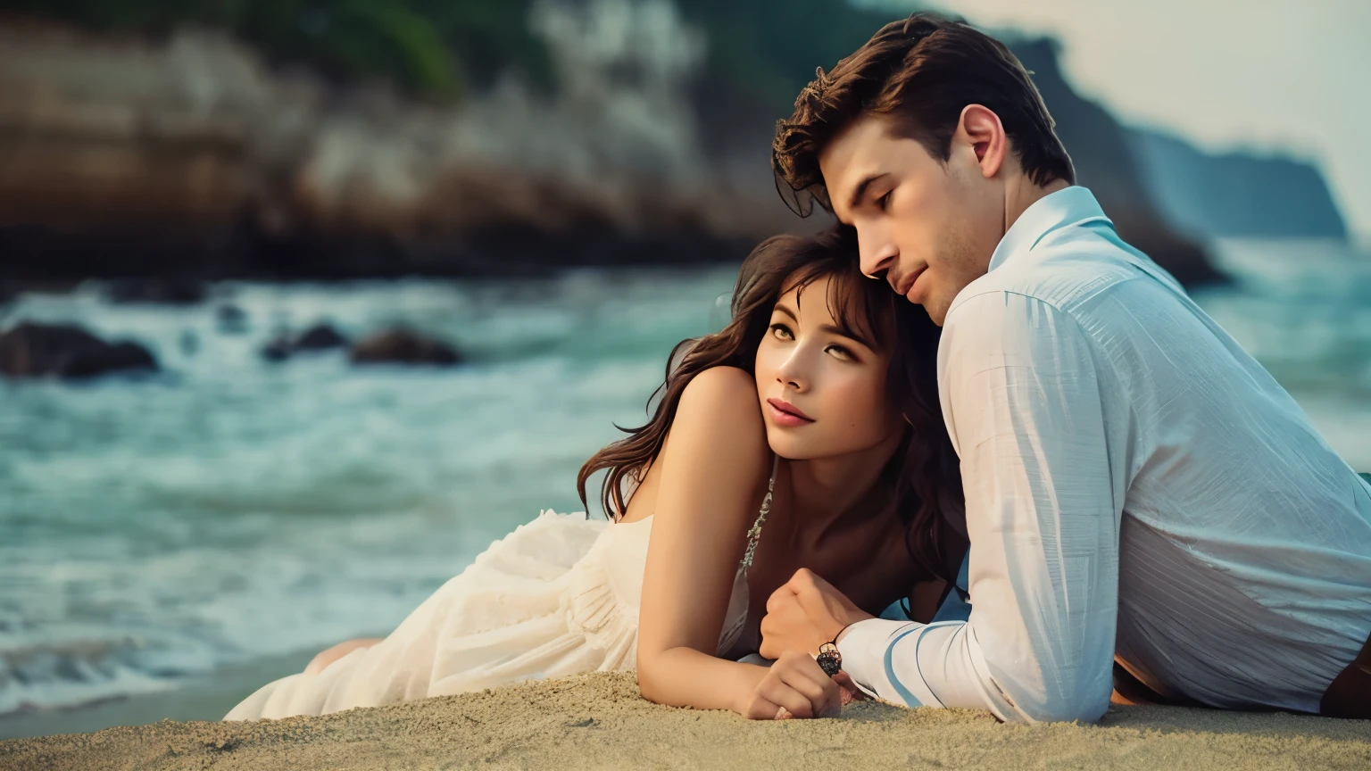 Caucasian woman resting her head on man's shoulder、photograph、sitting、romantic atmosphere、beach