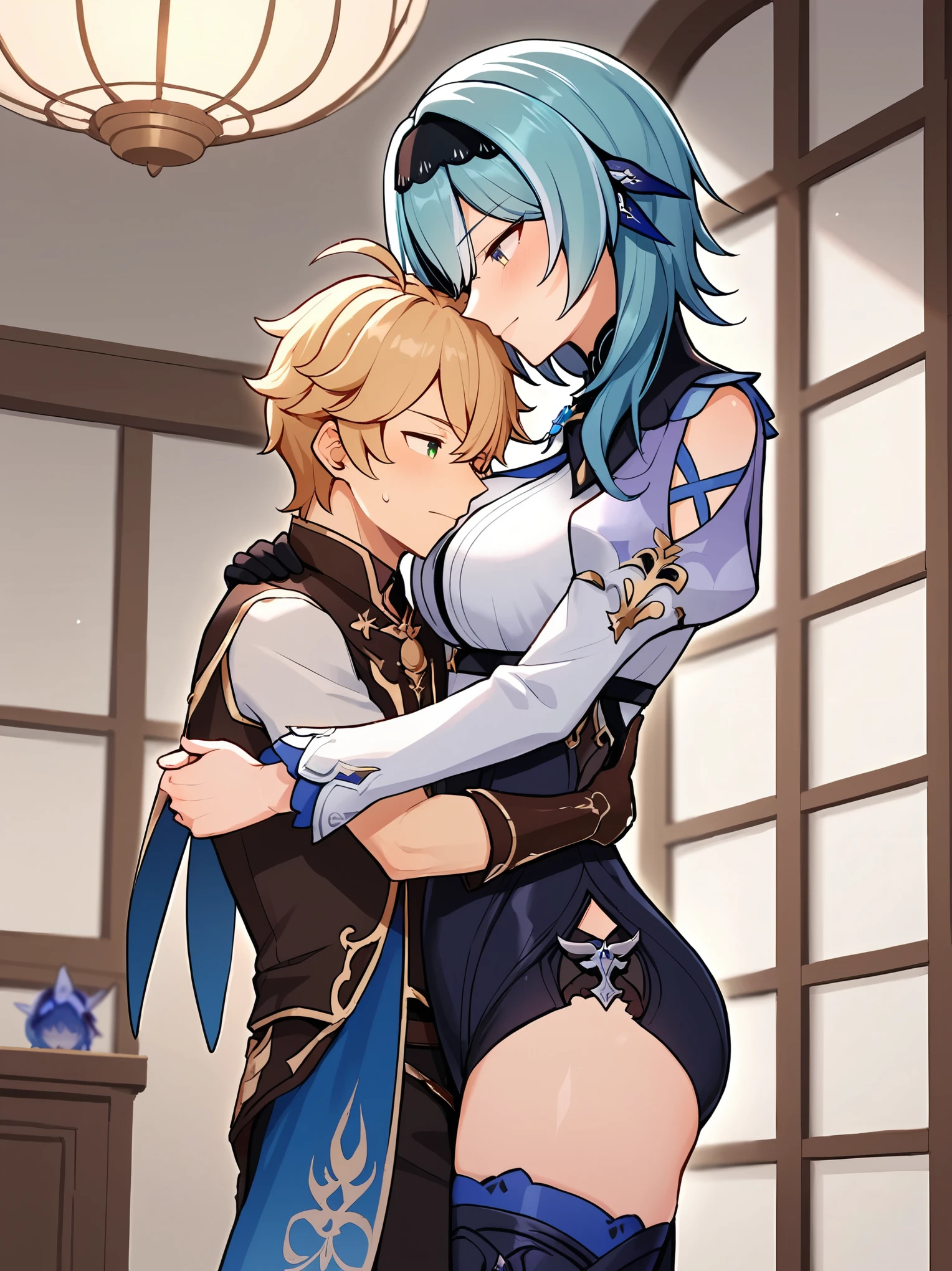 score_9, score_8_up, score_7_up, score_6_up, source_anime, BREAK, 1boy, 2girls, genshin impact, (aether), lisa, eula, ffm, standing, indors, inside ship, ((male focus)), side view, lean male, handsome male, yumejoshi, femporn, sandwiched