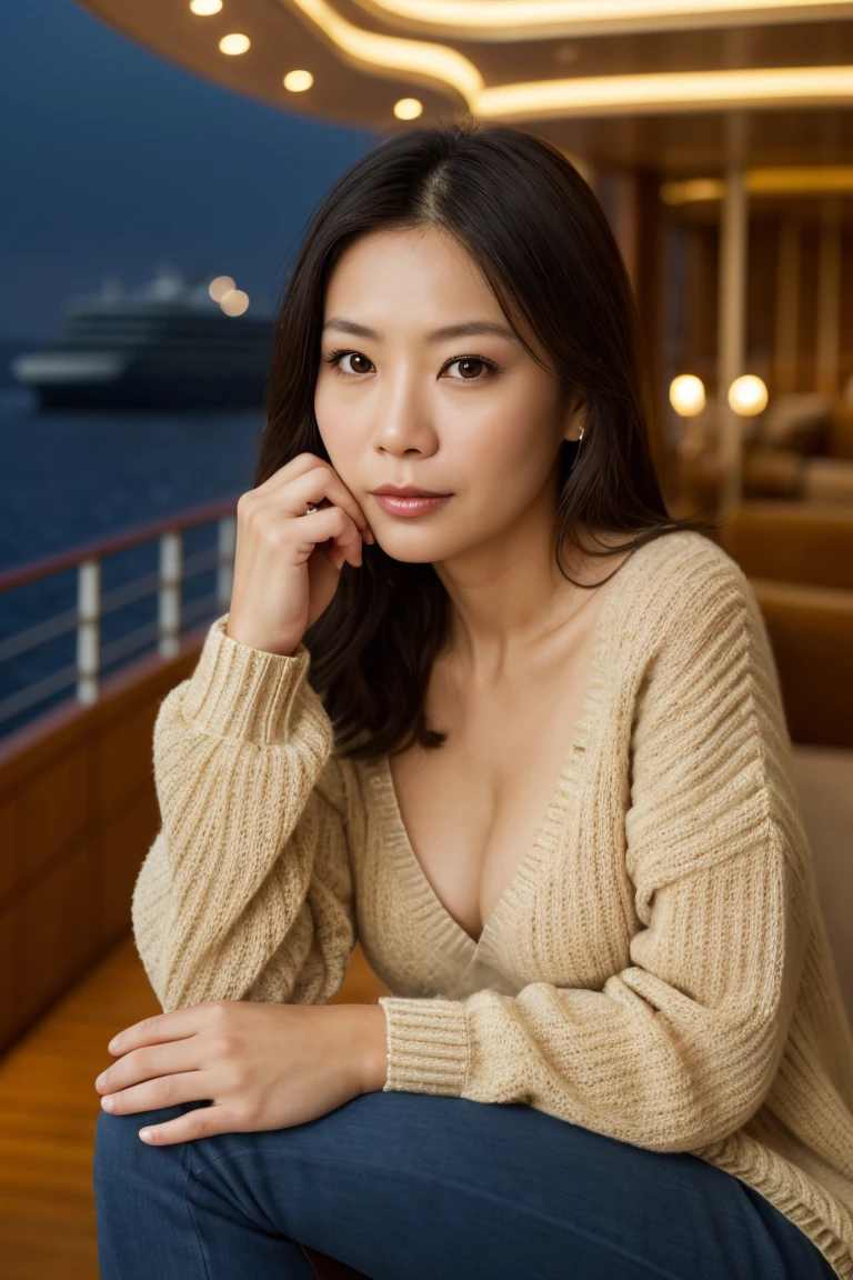 Portrait of a middle-aged Taiwanese woman, 40 years old, cute face, slim, Tortitz, (Big droop:1.1), huge nipples, wear (Sexy sweater:1.2), Standing on the cruise ship, Bokeh background, Simple background, (highly refined skin:1.0), (masterpiece:1.2) (lifelike:1.2) (Bokeh) (best quality) (intricate details) (8K) (high dynamic range) (analog film) (canon d5) (movie lighting) (sharp focus),half squat