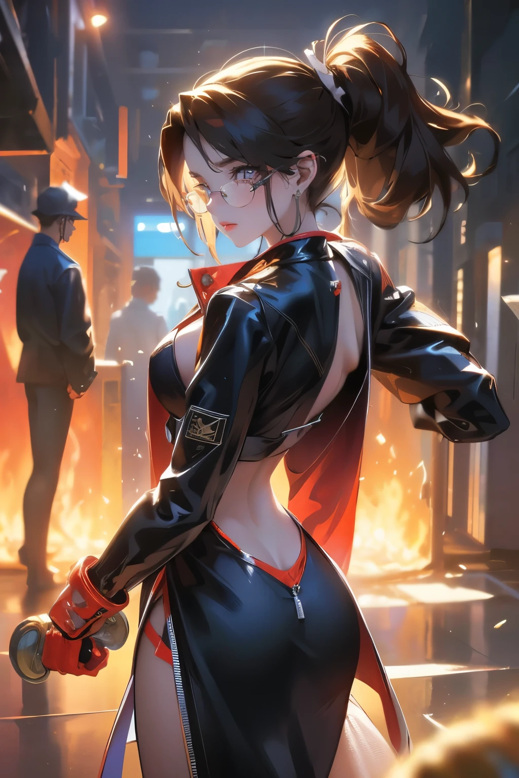 Wide angle shot, rear view, beautiful female street fighter, wearing large glasses, black undercut hair, wearing large steel knuckles