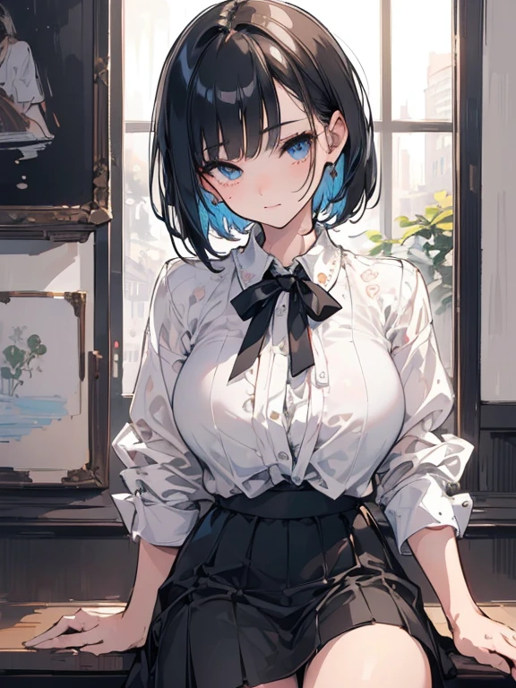(best quality:1.3), (masterpiece:1.3), (illustration:1.3), (ultra-detailed:1.3), (imid shot:0.9), (Detailed Eyes:1.3), Short haircut, black hair, A girl, wearing white shirt, black skirt, smugly expression looking at front, (slightly cleavages),