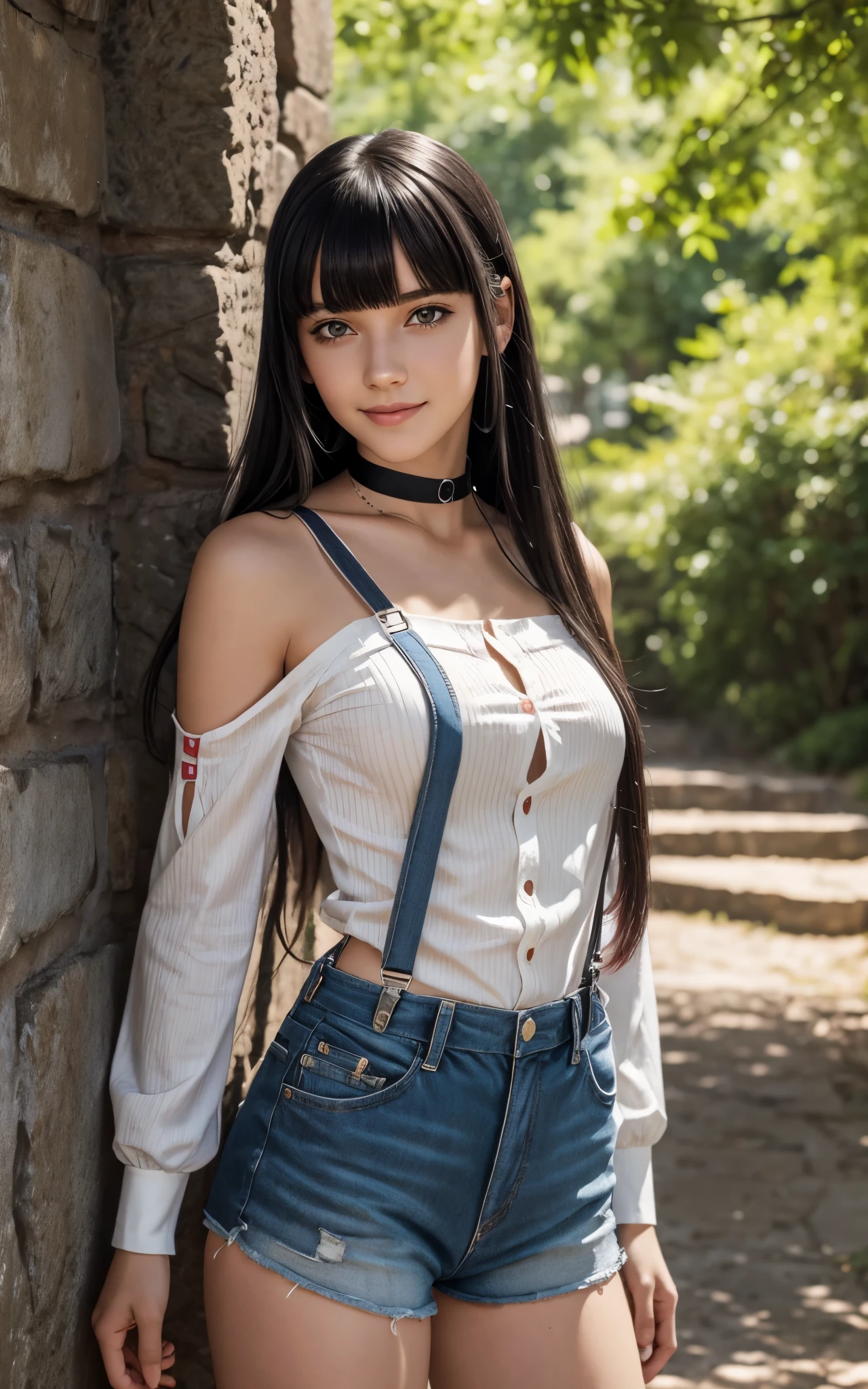 Realistic version of rouge redstar,1girl,pale skin, black hair, solo, long hair, pink eyes, black overall shorts,white off-shoulder shirt,suspenders,straps,silver buttons, indian red arm warmers,ear ornament, black choker, streaked hair, blunt bangs, looking at viewer,seductive smile, cowboy shot,stone wall, (best quality, masterpiece),blue sky,tree, long sleeves,clothing cutout, suspenders