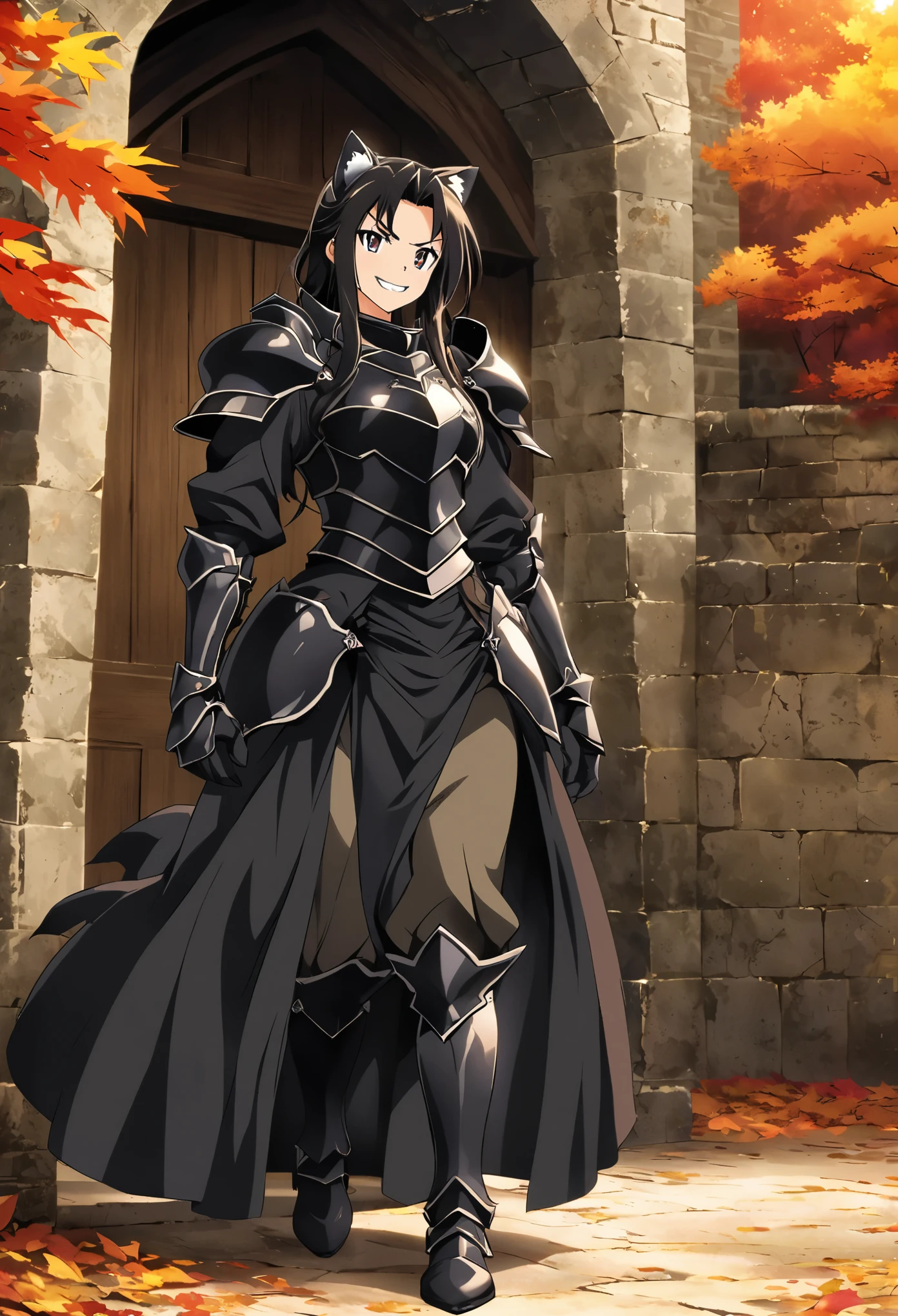 Artworks by yaguru magiku, personification,Cat in black knight armor, Angry Smile, 2010s Kyoto Animation style, official art, autumn day,In a medieval European castle, fantasy, alone, alone, 8K, Cool styling
