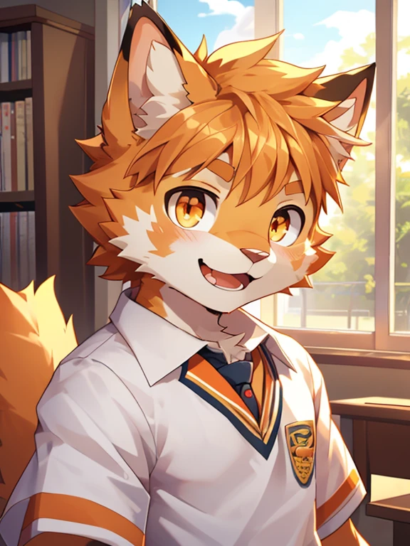 (masterpiece)，(Very detailed)，(best quality)，hairy，Cat，orange fur，Vivid eyes，golden pupils，cute style，Sunny and cheerful，(white casual wear)，((funny expression))，8K，(high quality)，(ultra high definition)，(super detailed)(High **************)(Shota)