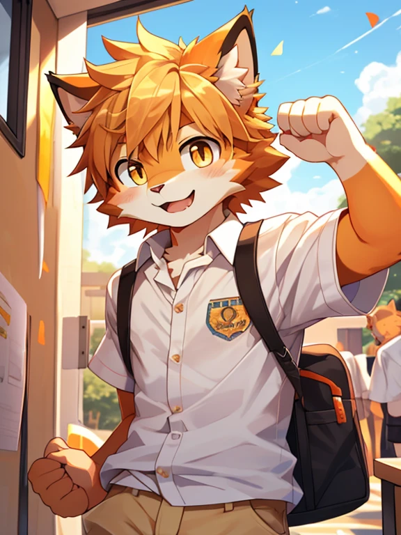 (masterpiece),(Very detailed),(best quality),hairy,Cat,orange fur,Vivid eyes,golden pupils,cute style,Sunny and cheerful,(white casual wear),((funny expression)),8K,(high quality),(ultra high definition),(super detailed)(High )(Shota)