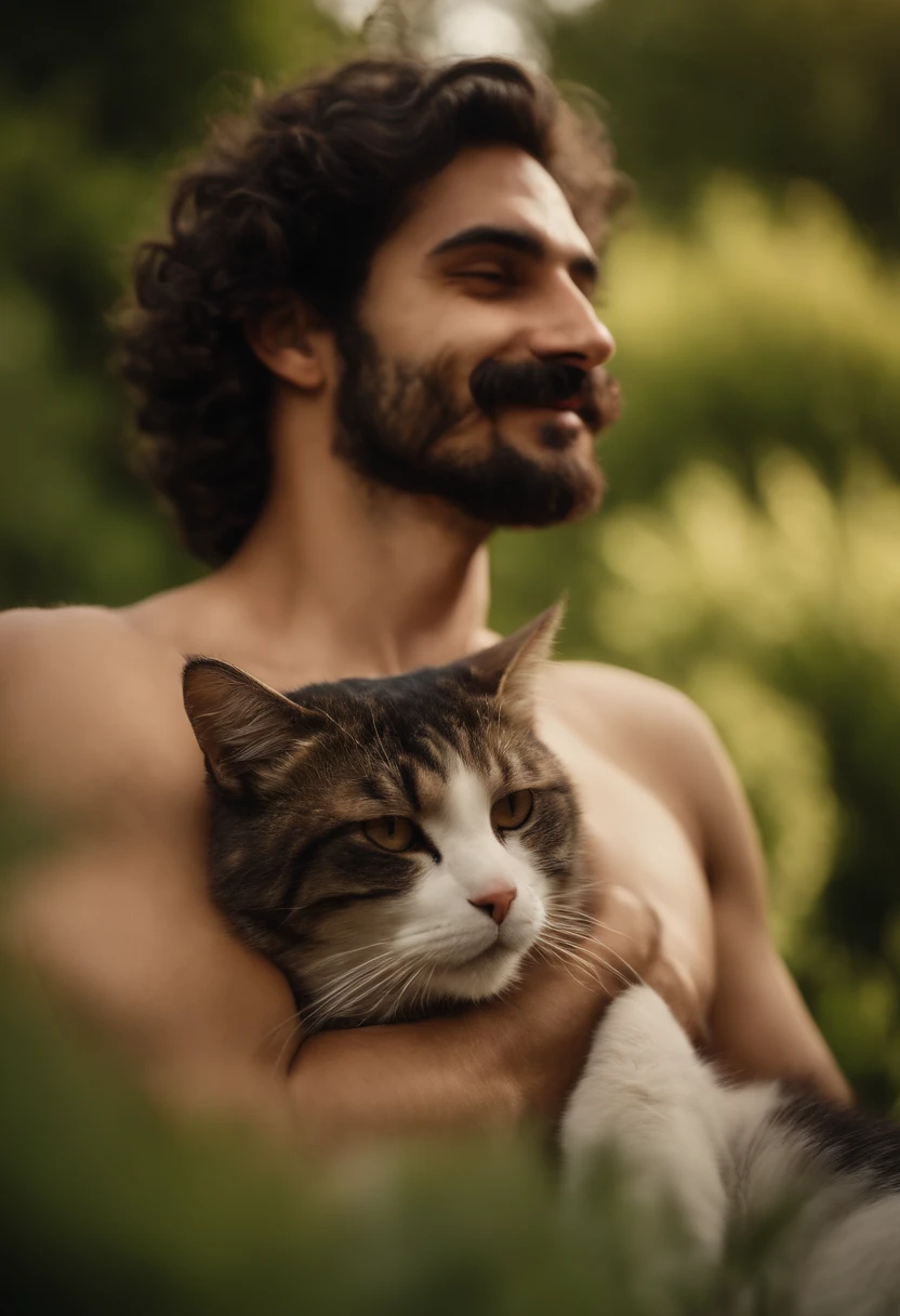 Thin hairy chest handsome moustache down Persian guy shirtless sunny day brown beautiful eyes black curly hair happy in garden hug a cat 