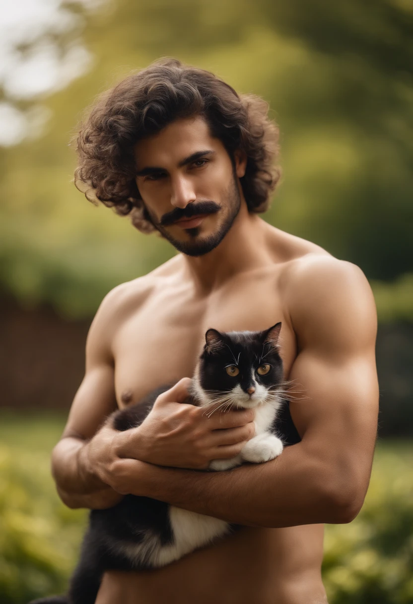 Thin hairy chest handsome moustache down Persian guy shirtless sunny day brown beautiful eyes black curly hair happy in garden hug a cat 