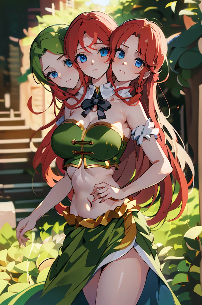 (masterpiece, best quality),best quality, (ultra-detailed), (3heads:1.5), 1girl, (ultra-detailed), (3heads:1.5), 1girl, (hong meiling:1.3), masterpiece, (best quality:1.5, highres, UHD), highres, absurdo, ultra detail, ultra quality, Ultra resolution, green top, crop top, ((stomach)), midriff, ((groin)), green skirt, miniskirt, normal ears, shackles, red hair, very long hair, wavy hair, sidelocks, blue eyes, parted lips, midriff, sweat, cute, toned belly, hand on own chest, eyelashes, (24 year old woman:1.3), (masterpiece:1.5), (best quality:1.5), (beautiful detailed), extremely detailed CG, extremely delicate and beautiful, depth of field, (finely detailed face), (perfect details:1.2), (mature female:1.3), wide pelvis, slender, large veiny breast, 16k resolution, high quality, high definition, extremely detailed, masterpiece, red hair, long hair, alluring presence, twin braid, short skirt, close up, big , young, striped, green beret, hair ornament, chinese clothes, star hat ornament, open belly, nsfw,