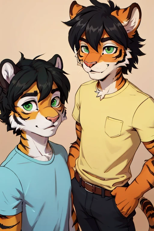 ((best quality)), ((masterpiece)), (detailed), anthro, duo, male, 2 males, tiger, slim, green eyes, black hair, medium hair, fully clothed, orange fur, facing camera, looking forward, plain background, similar height, wearing shirt, wearing pants