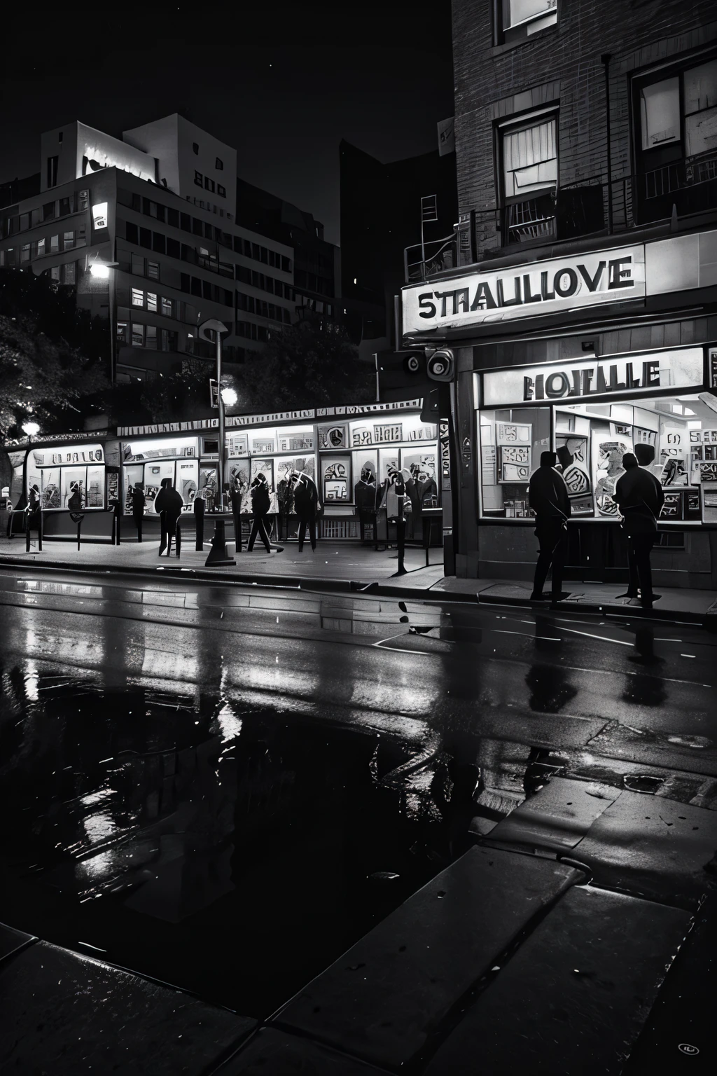 Create an image where the initial grayscale of the Stonewall Inn's surroundings gains momentum in vibrancy, culminating in a full-color depiction of hope and liberation