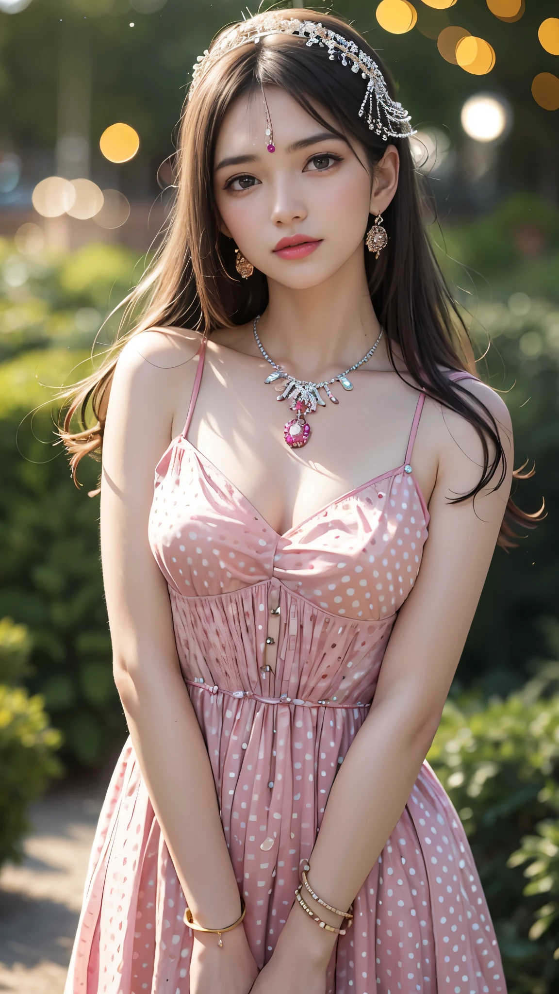 best quality, masterpiece, 1girl, (polka dot dress), pink dress, hair ornament, necklace, (jewellery:1.8), Beautiful face, small breasts, tyndall effect, photorealistic, rim lighting, two tone lighting, (high detailed skin:1.2), dslr, (spreading light:1.5) soft lighting, high quality, volumetric lighting, candid, in the garden, Photograph, high resolution, 4k, 8k, Bokeh,
