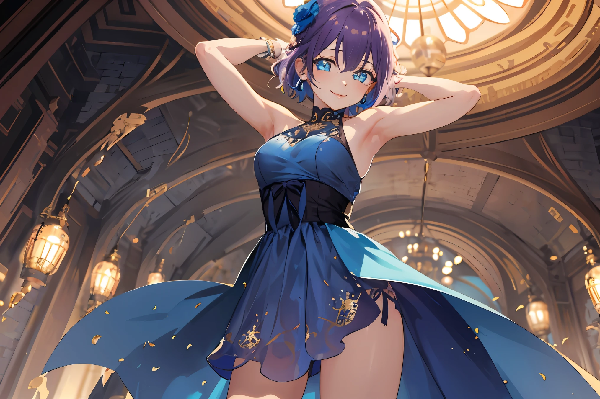 hightquality, delicate, a beauty girl, Dark Blue Medium Bob Hair, Starry Yellow Eyes, Moderately large breasts, Crystal clear white skin, Peach-colored lips, adventurer, white frilly blouse, Black miniskirt, knee high socks, Absolute area, a black choker,