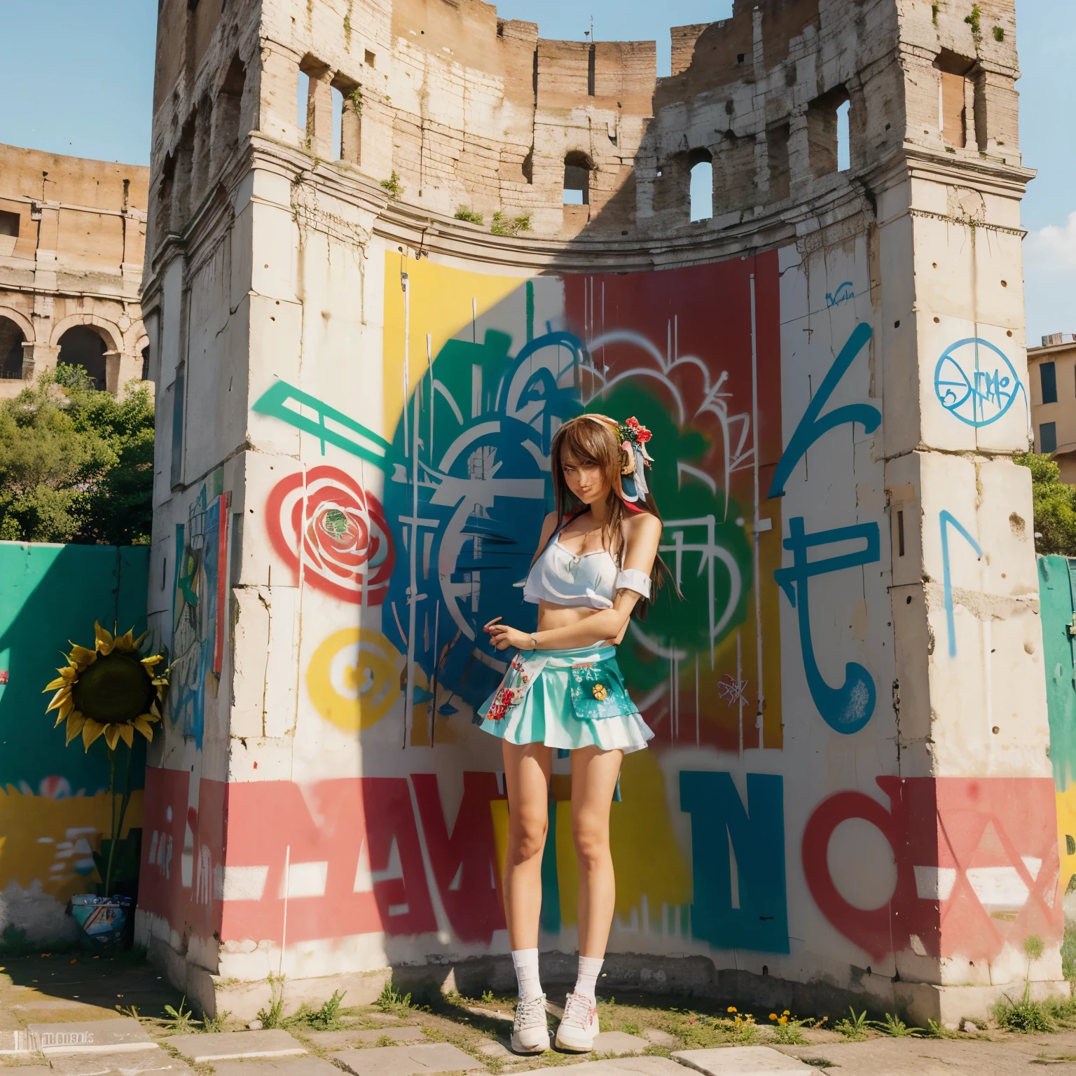 The graffiti depicts the name "Miku" in bold, vibrant letters, with each letter filled in with the colors of the Italian flag: green, white, and red. Surrounding the name are delicate roses and cheerful sunflowers, adding a touch of nature's beauty to the artwork. In the background stands the majestic Colosseum, an iconic symbol of Rome and Italian history.