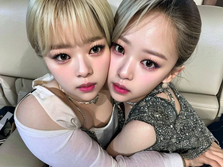 best quality, 4k, 8k, ultra highres, raw photo in hdr, sharp focus, intricate texture, skin imperfections, photograph a photo of jeongyeonlorashy woman and her identical twin (kissing:1.2) perfect body perfect face