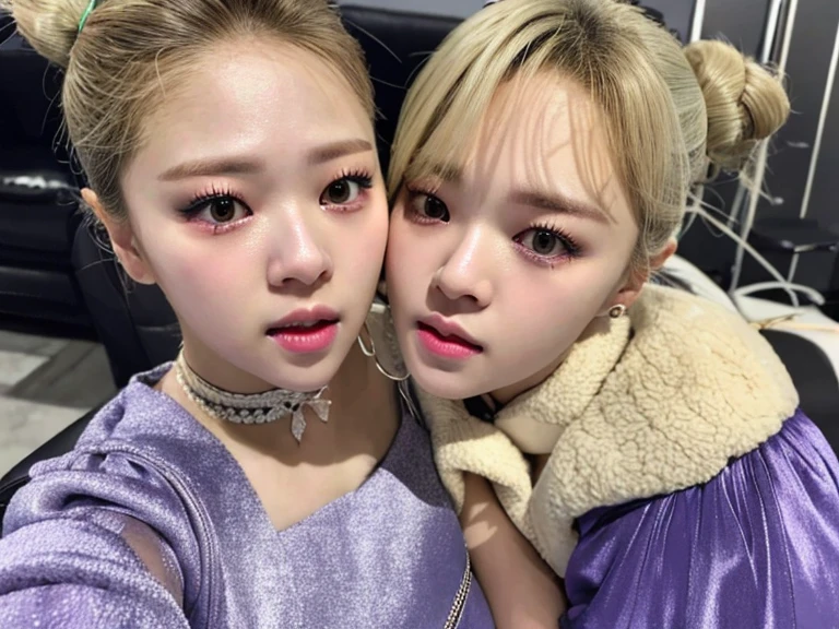 best quality, 4k, 8k, ultra highres, raw photo in hdr, sharp focus, intricate texture, skin imperfections, photograph a photo of jeongyeonlorashy woman and her identical twin (kissing:1.2) perfect body perfect face