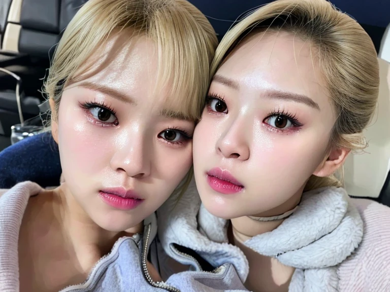 best quality, 4k, 8k, ultra highres, raw photo in hdr, sharp focus, intricate texture, skin imperfections, photograph a photo of jeongyeonlorashy woman and her identical twin (kissing:1.2) perfect body perfect face