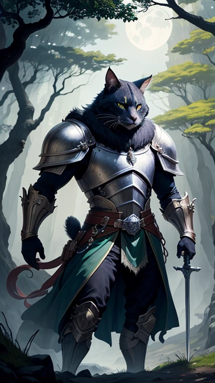 A cat knight is standing in a moonlit forest, wearing a shining armor and holding a sparkling sword. The knight's eyes are fierce and determined, while its fur is glossy black, reflecting the moonlight. The knight's whiskers are sharp and alert, adding to its feline grace and agility. In the background, towering trees and winding paths create a sense of mystery and adventure. The colors are rich and vibrant, with deep greens and blues contrasting with the knight's gleaming armor. The lighting is dramatic, with moonlight casting long shadows and creating a mystical atmosphere. The image quality is of the highest standard, with ultra-detailed features and realistic textures. The artwork is done in a traditional illustration style, reminiscent of medieval times, adding an element of fantasy and enchantment.