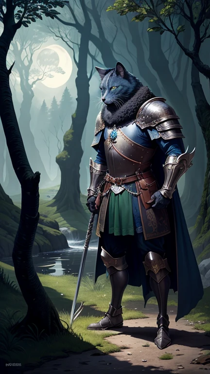 A cat knight is standing in a moonlit forest, wearing a shining armor and holding a sparkling sword. The knight's eyes are fierce and determined, while its fur is glossy black, reflecting the moonlight. The knight's whiskers are sharp and alert, adding to its feline grace and agility. In the background, towering trees and winding paths create a sense of mystery and adventure. The colors are rich and vibrant, with deep greens and blues contrasting with the knight's gleaming armor. The lighting is dramatic, with moonlight casting long shadows and creating a mystical atmosphere. The image quality is of the highest standard, with ultra-detailed features and realistic textures. The artwork is done in a traditional illustration style, reminiscent of medieval times, adding an element of fantasy and enchantment.