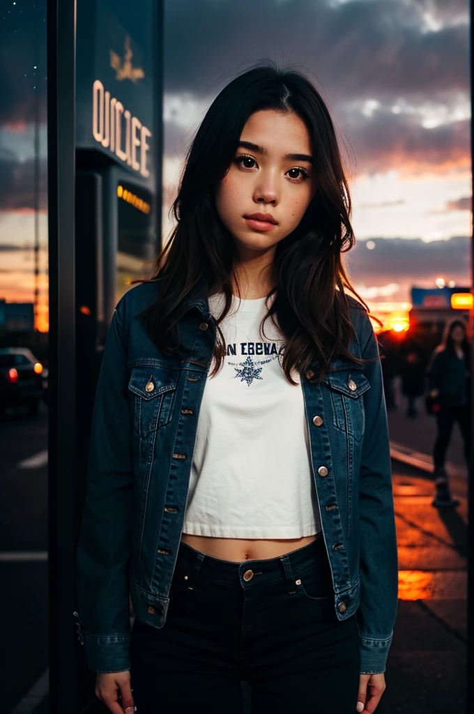 solo, very detailed, detailed face, pokidiffusion, picture of a beautiful girl with long messy hair wearing casual jeans jacket with black pants, outside in a common place, sunset, starry sky, detailed shadowing and lighting, at a , 3/4 body on the frame